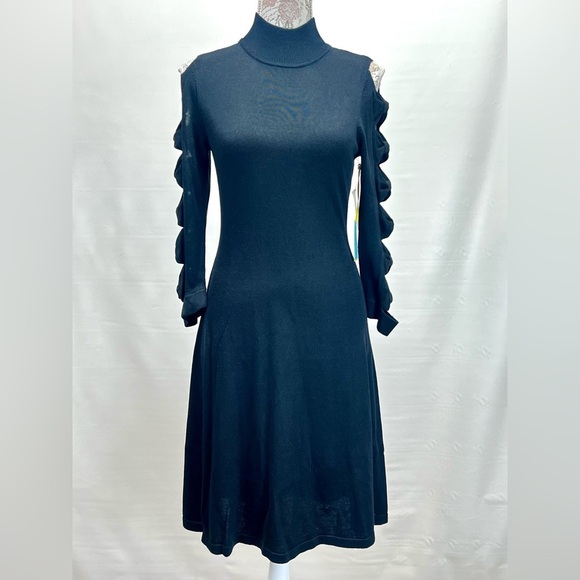 CECE Black mock neck bow sleeve midi dress size S. - Picture 3 of 14